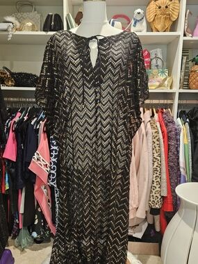 Trina Turk Black Chevron Lace Maxi Caftan/swimsuit Coverall with Tie Neck